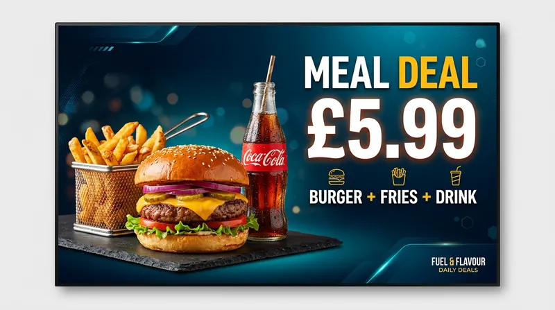 Meal deal screen: burger, fries and a drink for £5.99